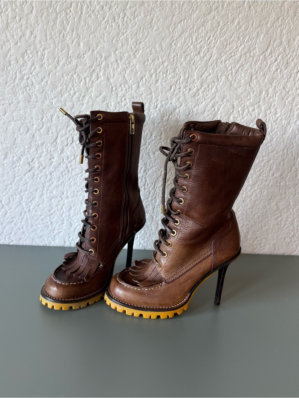 Tory Burch Brown Leather Lace-Up stiletto Combat Boots with Lug Sole 7.5